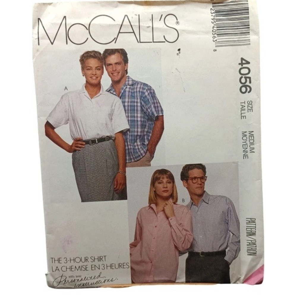 McCalls 4056 Vintage Sewing Pattern Mens Womens Button-Up Shirts Medium Uncut
